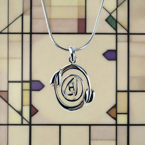 Sterling Silver Oval 'Mackintosh Rose and Leaves' Pendant.