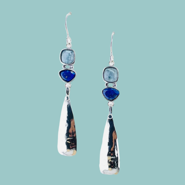 Long Slender Silver, Lapis Lazuli and Aquamarine Earrings.