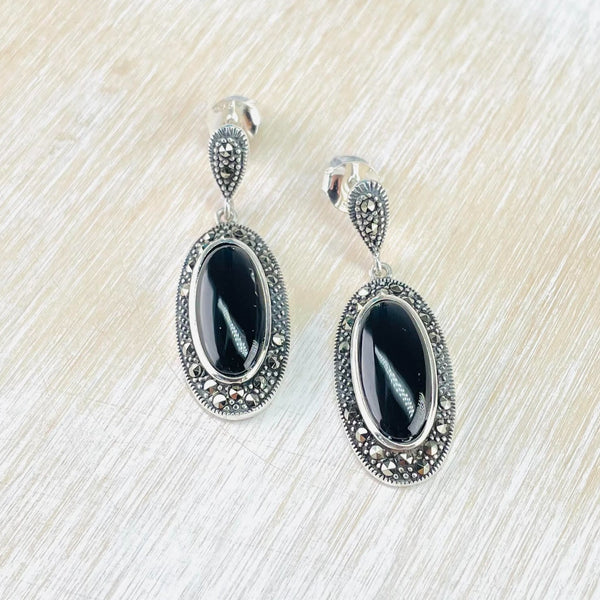 Marcasite, Black Onyx and Silver Drop Earrings.