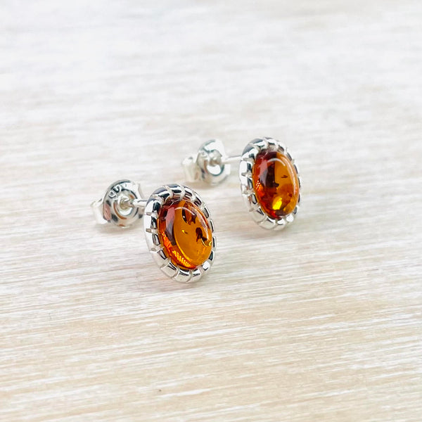 Oval Amber and Sterling Silver Stud Earrings.