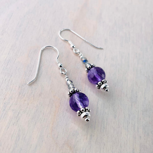 Sterling Silver and Amethyst Bead Handcrafted Earrings.