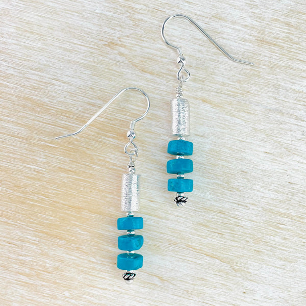 Turquoise and Textured Sterling Silver Drop Earrings.