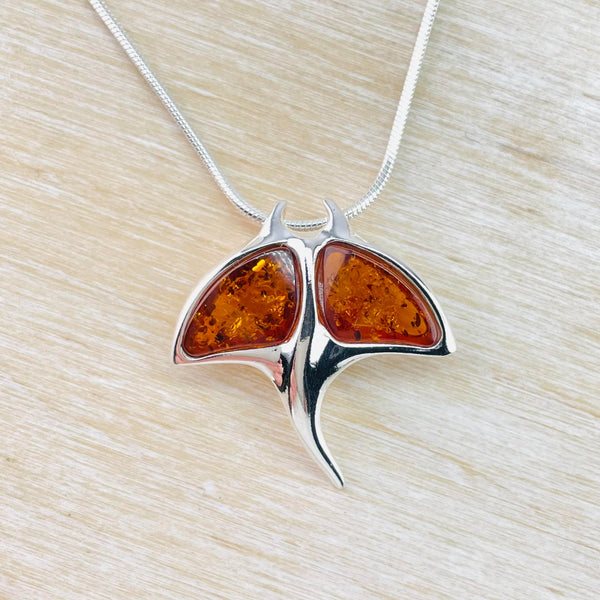 Amber and Sterling Silver Manta Ray Pendant.