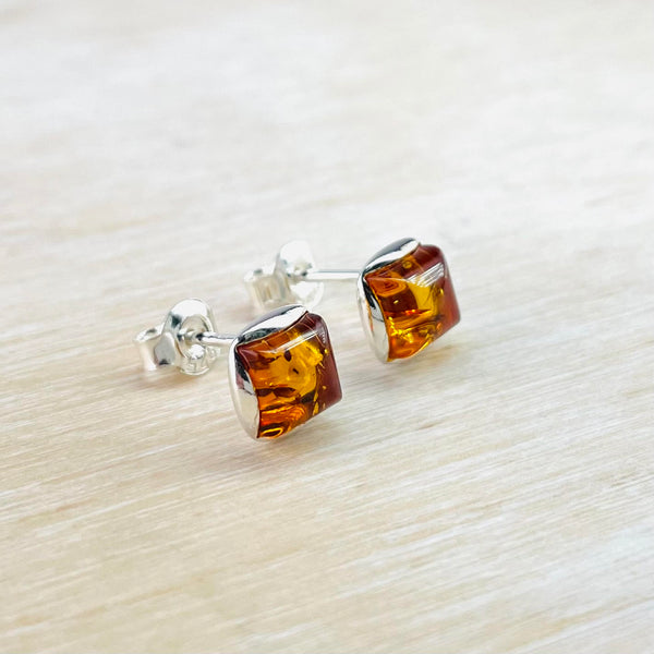 Square Cognac Amber and Sterling Silver Stud Earrings.