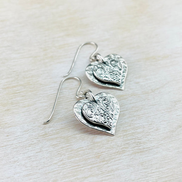 Double Sterling Silver Heart Drop Earrings.