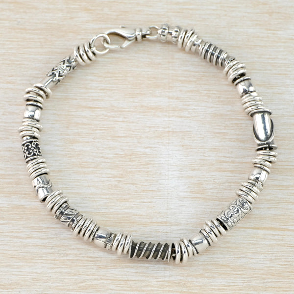 Gents Textured Sterling Silver Beaded Bracelet.