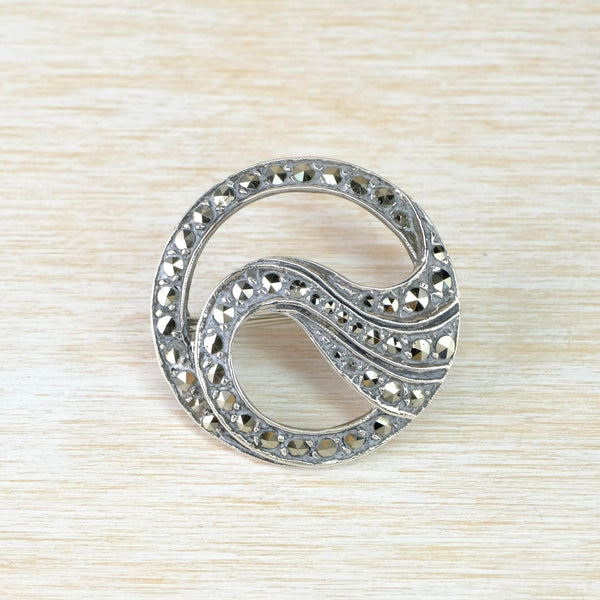 Round Vintage Sterling Silver and Marcasite Brooch.