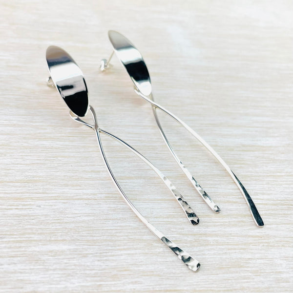 Elegant Long Polished Silver Drop Earrings.