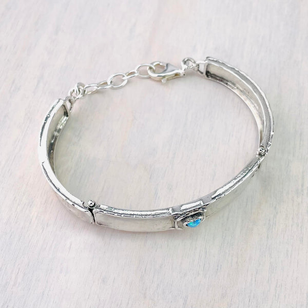 Silver and Opal Heart Bangle Bracelet.