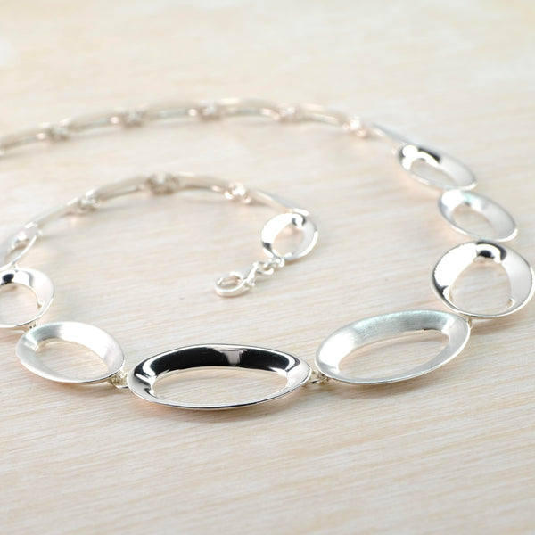Oval Matt and Polished Sterling Silver Linked Necklace by JB Designs.
