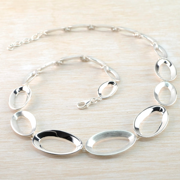 Oval Matt and Polished Sterling Silver Linked Necklace by JB Designs.