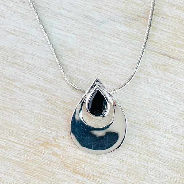Cut Out Tear Drop Sterling Silver and Black Onyx Pendant.
