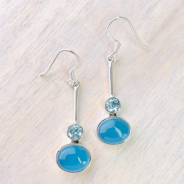 Blue Chalcedony, Blue Topaz and Sterling Silver Drop Earrings.