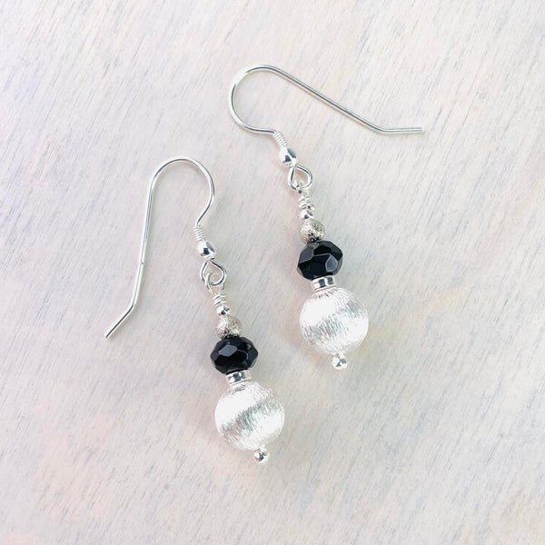 Brushed Silver and Faceted Onyx Bead Drop Earrings.