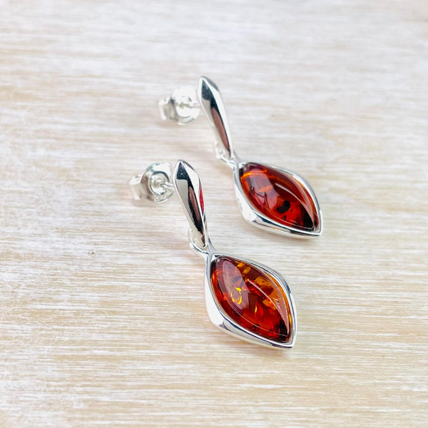 Marquise Shape Cognac Amber and Sterling Silver Drop Earrings.