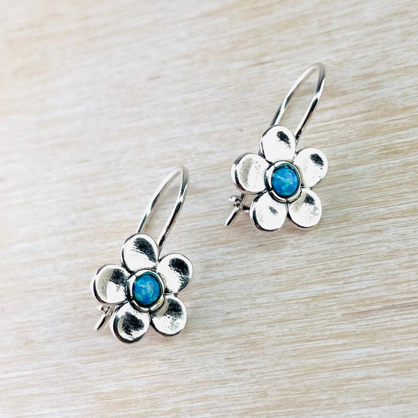 Sterling Silver and Opal Flower Drop Earrings.