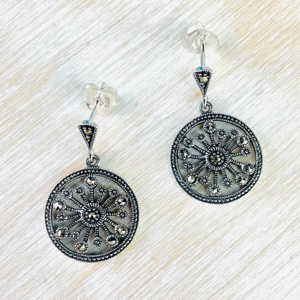 Marcasite and Sterling Silver Circle Drop Earrings.