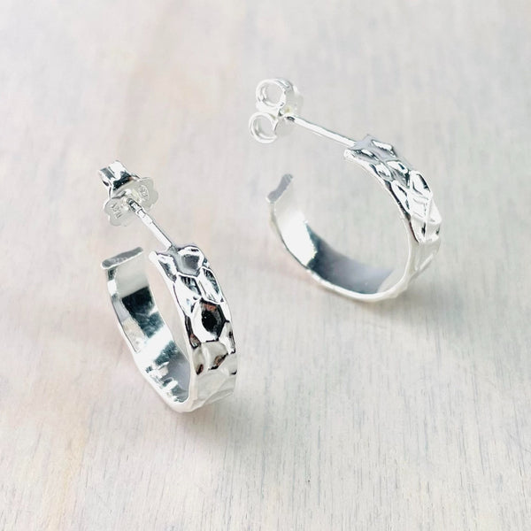 Medium Textured Sterling Silver Half Hoop Earrings by JB Designs.