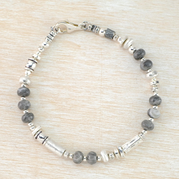 Gents Sterling Silver and Jasper Beaded Bracelet.