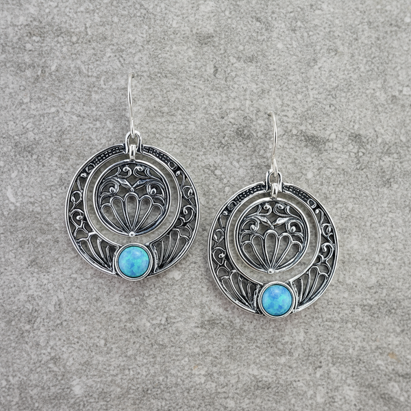 Highly Decorative Round Opal and Silver Earrings