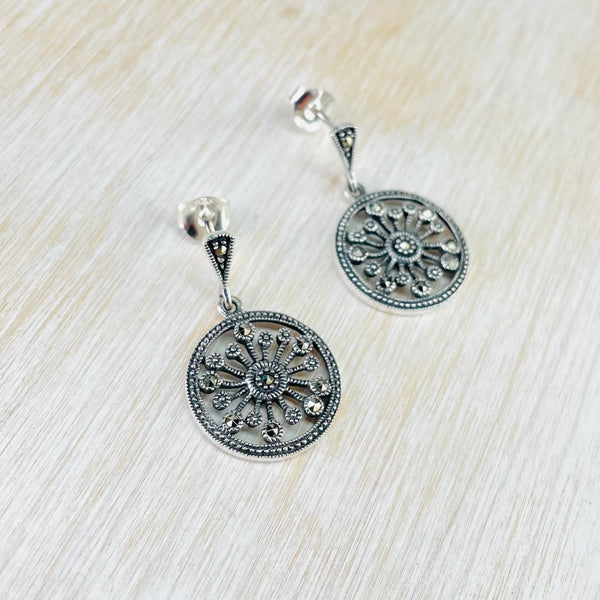 Marcasite and Sterling Silver Circle Drop Earrings.