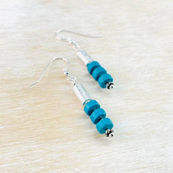 Turquoise and Textured Sterling Silver Drop Earrings.