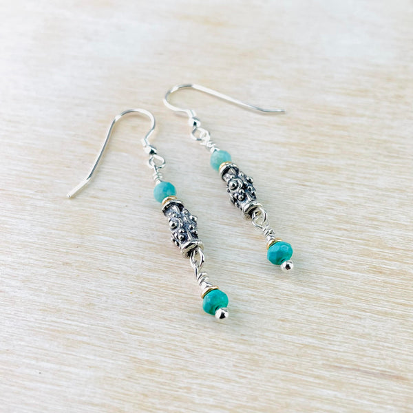 Turquoise, Amazonite and Silver Beaded Earrings by Emily Merrix.