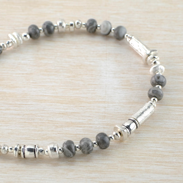 Gents Sterling Silver and Jasper Beaded Bracelet.