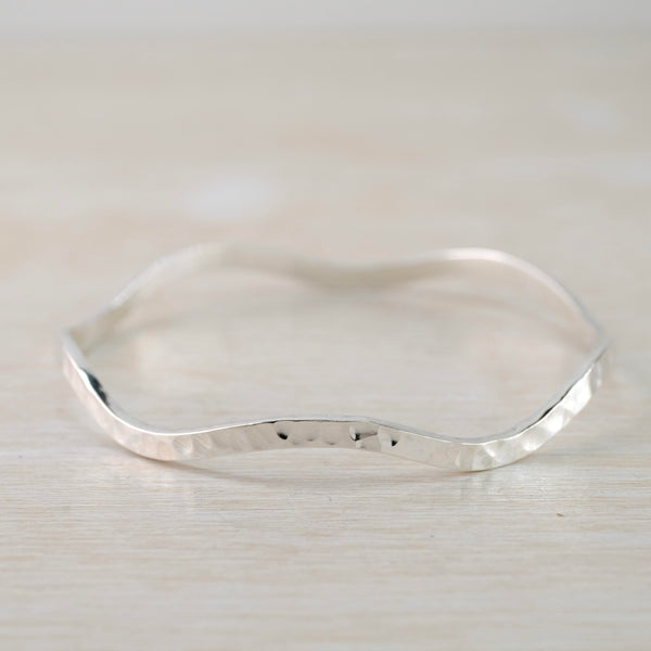Flat Hammered And Wavy Sterling Silver Bangle.