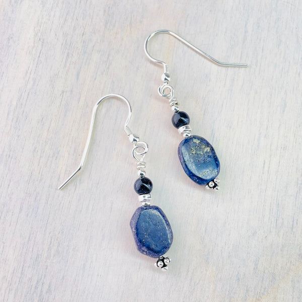Blue Goldstone, Lapis and Silver Beaded Earrings by Emily Merrix.