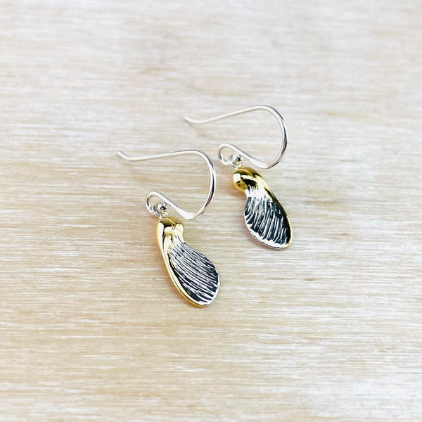 Sterling Silver and Gold Plate Sycamore Wings Drop Earrings.
