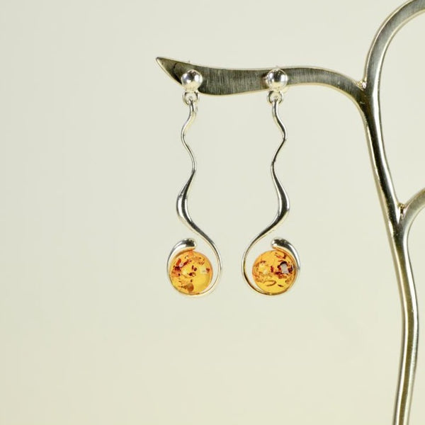 Long Sterling Silver and Amber Twist Earrings.