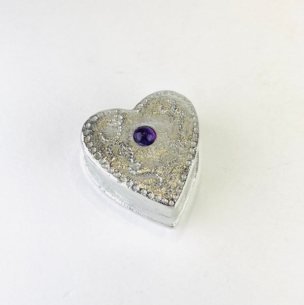 A Handmade Pewter Heart Trinket Box with Amethyst.