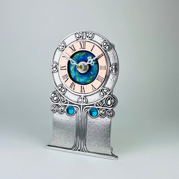 Pewter and Enamel Mantel Clock, Archibald Knox Style Design.