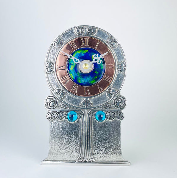 Pewter and Enamel Mantel Clock, Archibald Knox Style Design.