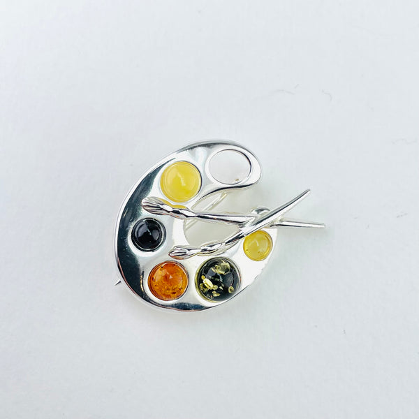 Amber and Silver Artist Palette Brooch.
