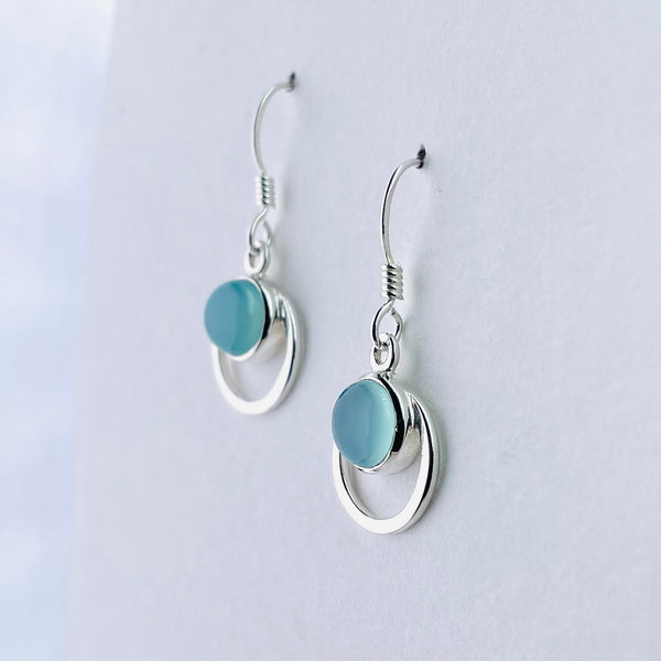 Double Circle Silver and Chalcedony Drop Earrings.