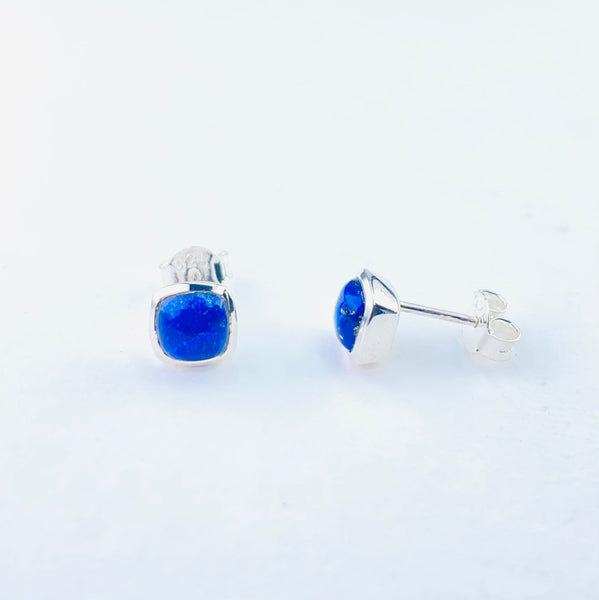 Square Lapis Lazuli and Silver Stud Earrings.