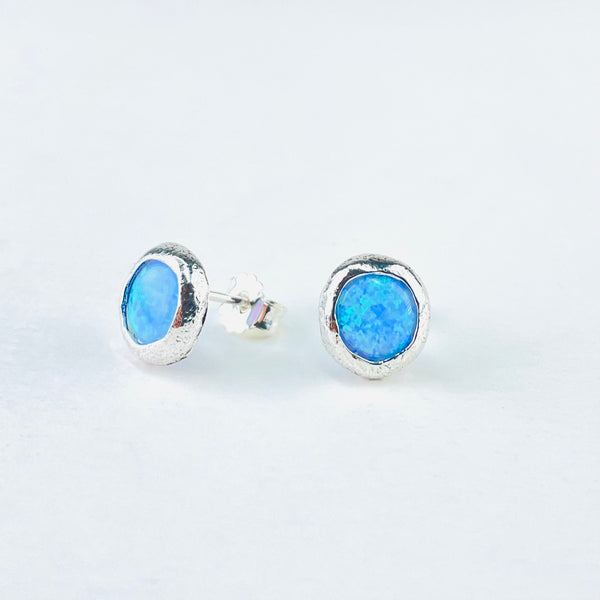 Textured Silver and Round Opalite Stud Earrings,