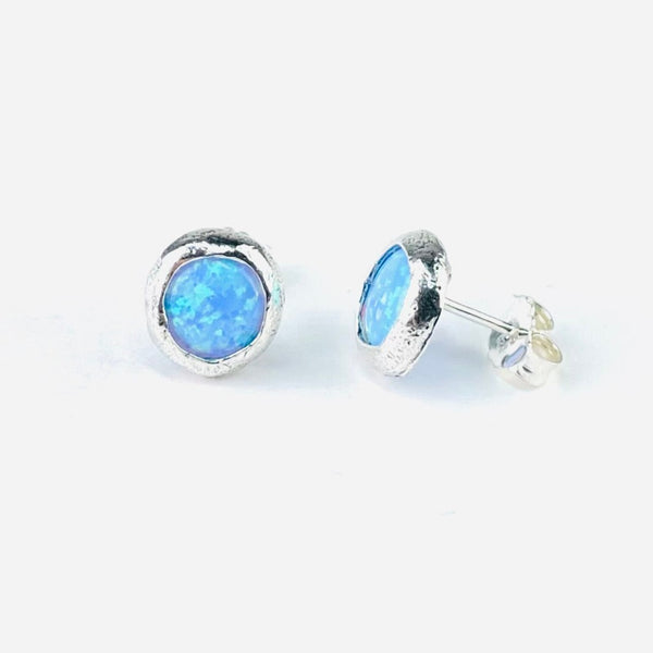 Textured Silver and Round Opalite Stud Earrings,