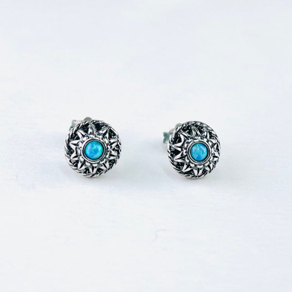 Flower Decorated Round Opal and Silver Stud Earrings.