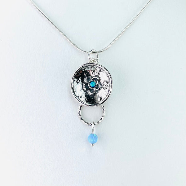 Silver Circle and Opal Bead Drop Pendant.