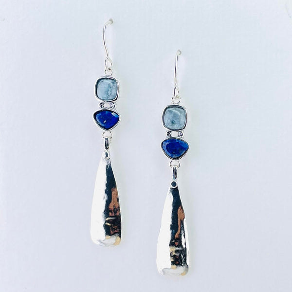 Long Slender Silver, Lapis Lazuli and Aquamarine Earrings.