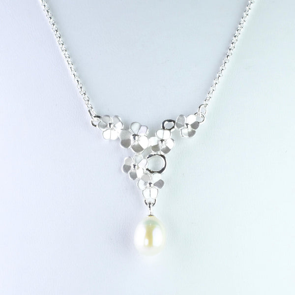 Satin Silver Flower and Fresh Water Pearl Necklace by 'JB Designs'.