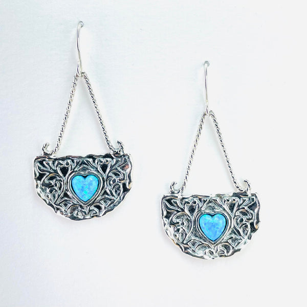 Highly Decorative Sterling Silver and Opal Heart Earrings.