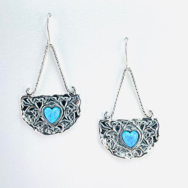 Highly Decorative Sterling Silver and Opal Heart Earrings.