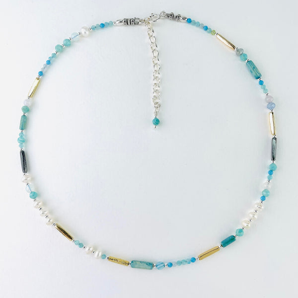 Freshwater Pearl, Mixed Stone and Silver Bead Necklace by Emily Merrix.
