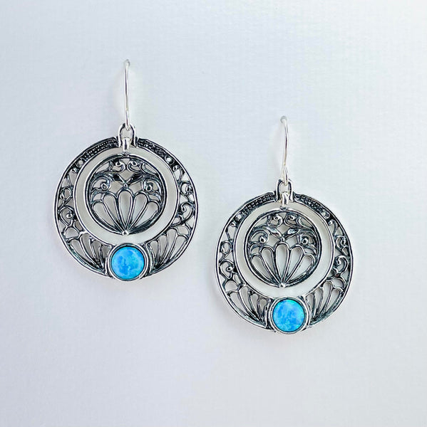 Highly Decorative Round Opal and Silver Earrings