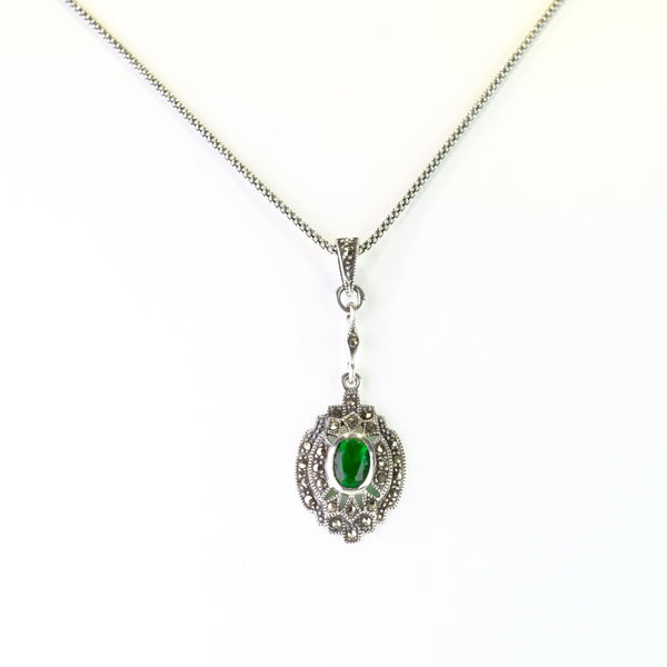 Silver, Marcasite and Emerald Cubic Zirconia Pendant.