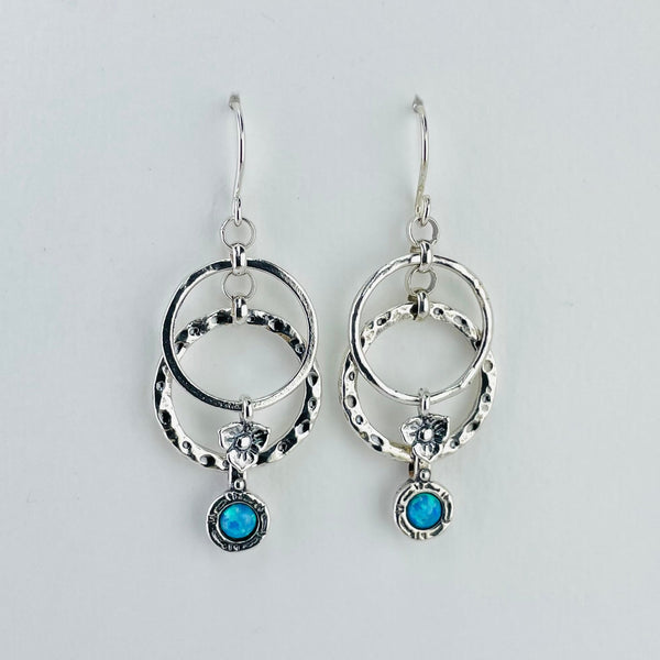 Long Opal and Silver Hoop Drop Earrings.